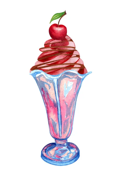 Acuarela de chocolate helado de cereza en un vaso. Sundae dibujado a mano Ilustración con bayas y sirop de chocolate en la parte superior . — Foto de Stock