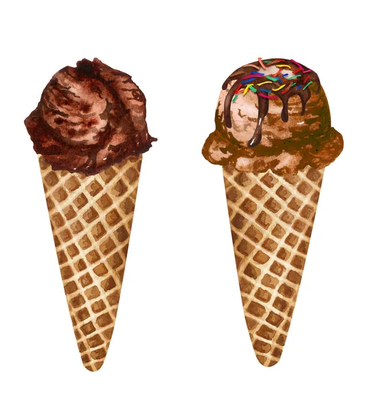 Watercolor chocolate ice cream cones isolated on white background. Hand drawn different ice scoops in a waffle cone. — Stock Photo, Image