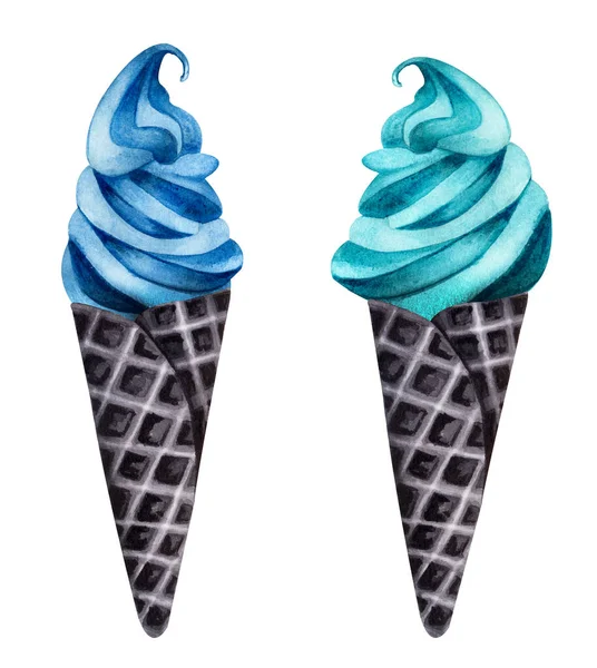 Cones de sorvete coloridos aquarela isolados no fundo branco. Conjunto desenhado à mão de sorvetes de sabor diferente em um cone de waffle preto . — Fotografia de Stock