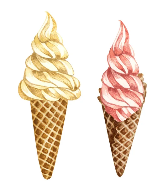 Cônes de crème glacée colorés aquarelle isolé sur fond blanc. Ensemble de glaces à la vanille et à la fraise ou à la framboise dessinées à la main dans un cône de gaufre — Photo