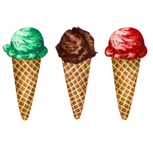 Cones de sorvete coloridos aquarela isolados no fundo branco. Conjunto desenhado à mão de sorvetes de sabor diferente em um cone de waffle. Verde, vermelho, colheres de chocolate — Fotografia de Stock