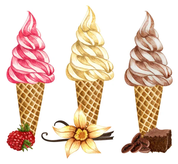 Watercolor set of ice cream cones isolated on white background. Hand drawn illustration of vanilla, chocolate and raspberry ice creams in a waffle cone together with berries and brownie. — Stock Photo, Image