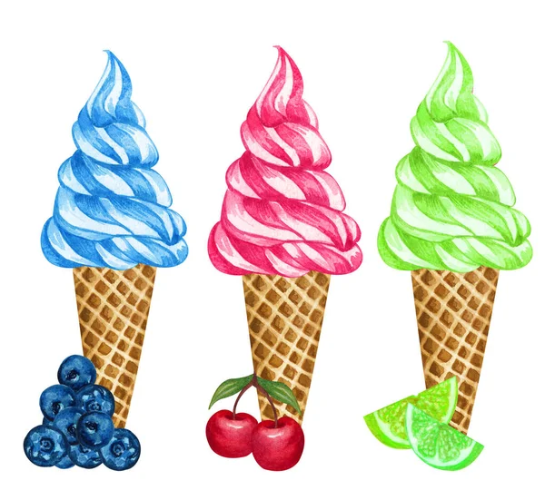 Conjunto aquarela de cones de sorvete isolados em fundo branco. Ilustração desenhada à mão de gelados de limão, limão e hortelã em um cone de waffle juntamente com fruints — Fotografia de Stock