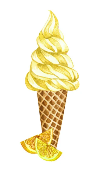 Акварель лимонное мороженое конус изолирован на белом фоне. Ручная иллюстрация свежие ломтики лимонов и желтое мороженое в вафельном конусе . — стоковое фото