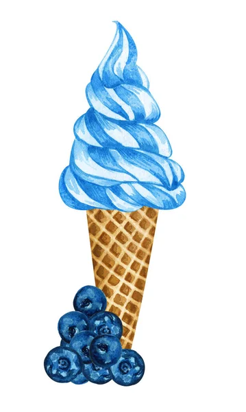 Cone de sorvete de mirtilo aquarela isolado no fundo branco. ilustração desenhada à mão blueberies frescos e um sorvete azul em um cone de waffle . — Fotografia de Stock