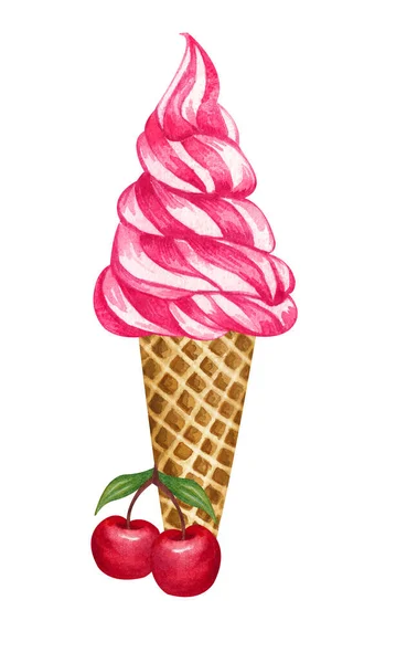 Cône de crème glacée cerise aquarelle isolé sur fond blanc. Illustration dessinée à la main des cerises fraîches et une crème d'aice rouge dans un cône de gaufre. — Photo