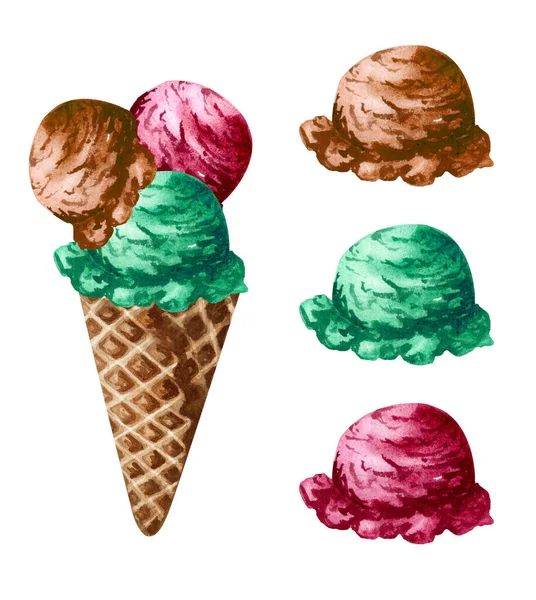 Cônes de crème glacée colorés aquarelle isolé sur fond blanc. Cuillères à glace à fleurs dibérentes dessinées à la main dans un cône de gaufre — Photo