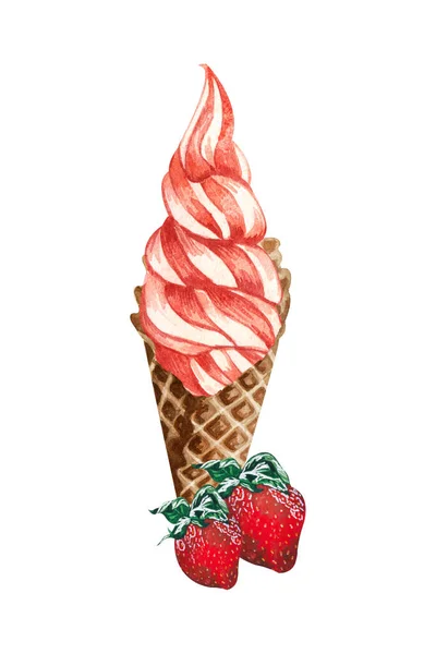 Cône de crème glacée aux fraises aquarelle isolé sur fond blanc. Illustration dessinée à la main fraises fraîches et crèmes glacées rouges dans un cône de gaufre — Photo