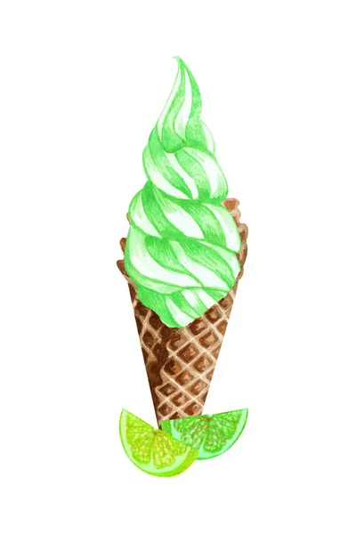 Watercolor lime ice cream cone isolated on white background. Hand drawn illustration fresh slices of limes and a green ice creams in a waffle cone.