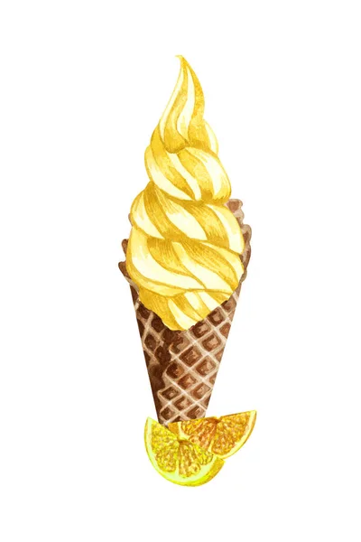 Watercolor lemon ice cream cone isolated on white background. Hand drawn illustration fresh slices of lemons and a yellow ice creams in a waffle cone.