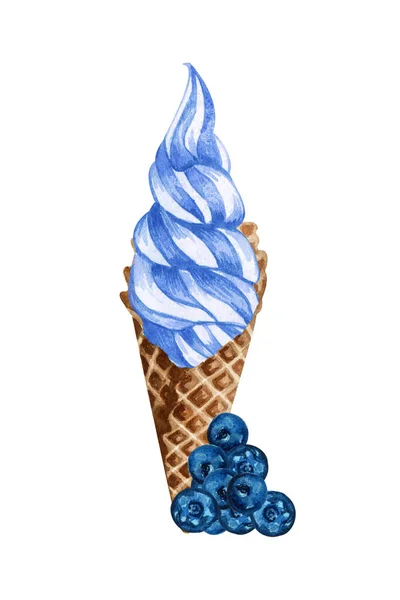 Aquarell-Blaubeer-Eiszapfen isoliert auf weißem Hintergrund. Handgezeichnete Illustration frische Blaubeeren und ein blaues Eis in einem Waffelkegel — Stockfoto