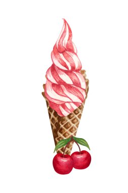 Beyaz arka planda izole edilmiş vişneli dondurma külahı. El çizimi illüstrasyon taze kirazlar ve waffle külahında kırmızı aice dondurmaları..