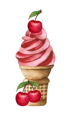 Beyaz arka planda izole edilmiş vişneli dondurma külahı. El çizimi illüstrasyon taze kirazlar ve waffle külahında kırmızı aice dondurmaları..