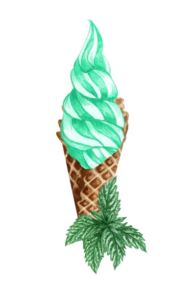 Cone de sorvete de hortelã aquarela isolado no fundo branco. ilustração desenhada à mão folhas de hortelã fresca e um sorvete verde em um cone de waffle . — Fotografia de Stock