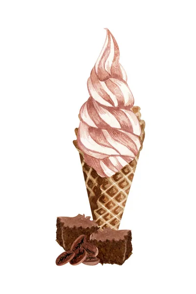 Watercolor chocolate ice cream cone isolated on white background. Hand drawn illustration of chocolate brownie, coffee beans and brown ice creams in a waffle cone.