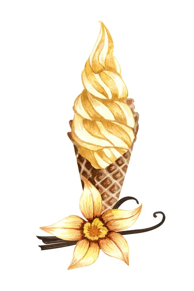 Watercolor vanilla ice cream cone isolated on white background. Hand drawn illustration of vanilla flower white ice creams in a waffle cone.