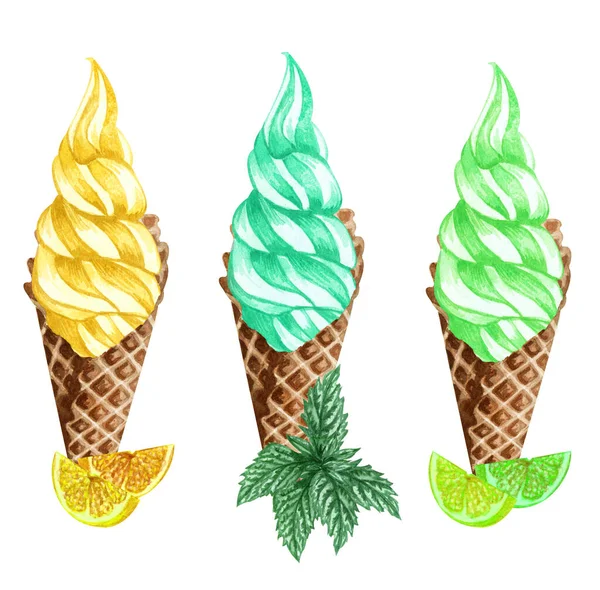 Conjunto de conos de helado acuarela aislados sobre fondo blanco. Ilustración dibujada a mano de helados de limón, lima y menta en un cono de gofre junto con frutas . —  Fotos de Stock