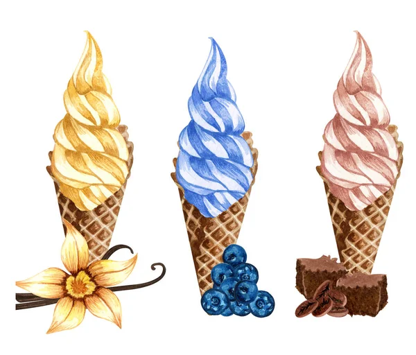 Ensemble aquarelle de cônes de crème glacée isolés sur fond blanc. Illustration dessinée à la main de glaces à la vanille, au chocolat et aux myrtilles dans un cône de gaufre avec des baies et un brownie — Photo