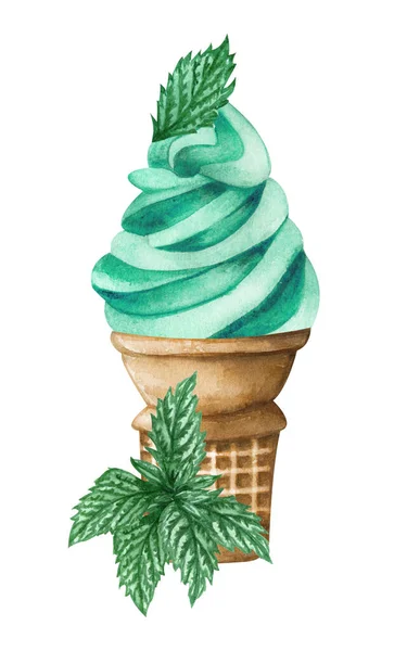 Watercolor mint ice cream cone isolated on white background. Hand drawn illustration fresh mint leaves and a green ice creams in a waffle cone. — Stock Photo, Image