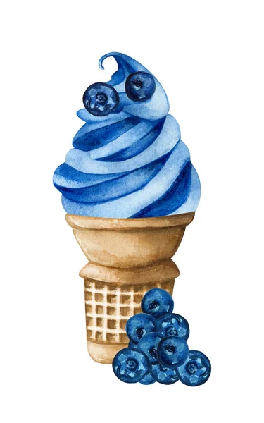 水彩画蓝莓冰淇淋锥形，白色背景。手绘图解新鲜的蓝宝石和在华夫饼筒中的蓝色冰淇淋 — 图库照片