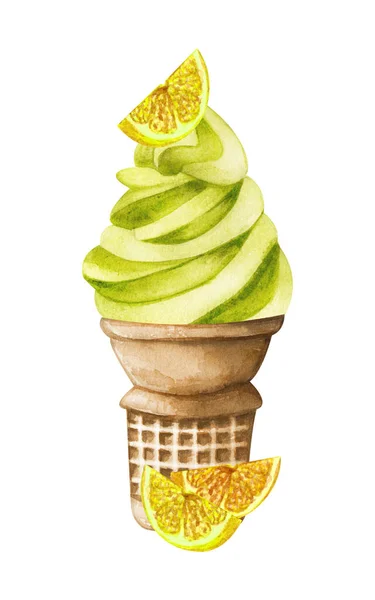 Акварель з лимонного морозива ізольовано на білому тлі. Ручна намальована ілюстрація свіжих скибочок лимонів та жовтих морозива у вафельному конусі . — стокове фото