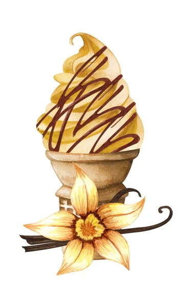 Cono de helado de vainilla acuarela aislado sobre fondo blanco. Ilustración dibujada a mano de helados blancos de flor de vainilla en un cono de gofre . —  Fotos de Stock