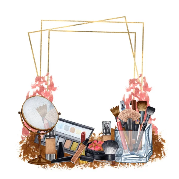 Cadre cosmétique décoratif dessiné à la main. Aquarelle maquillage produits. Fond de beauté. Maquillage clip art. — Photo