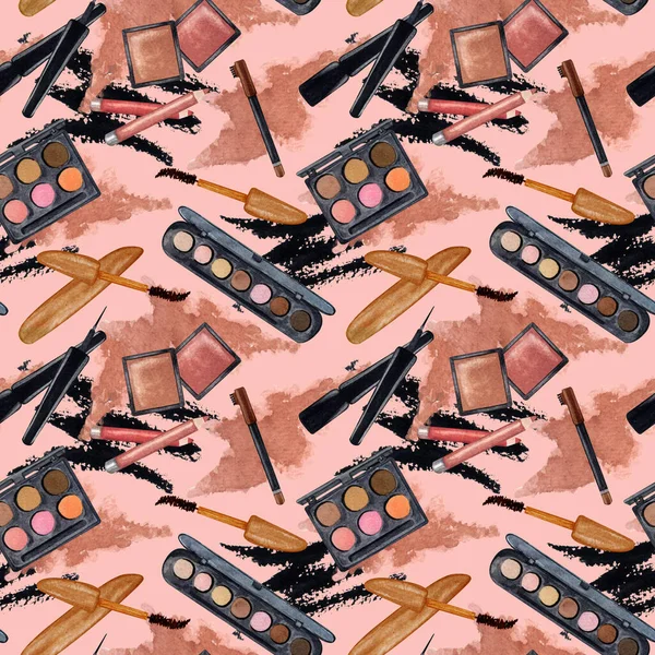 Patrón de cosméticos sin costura dibujado a mano con sombras de ojos, polvo, textura cosmética, cepillos, rímel en rosa — Foto de Stock