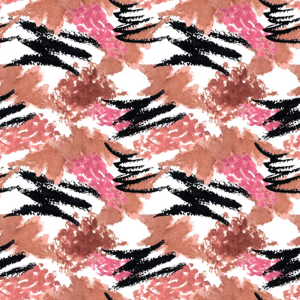 Watercolor make up seamless pattern. Hand drawn seamless cosmetics pattern with lipstick and mascara textures on white.