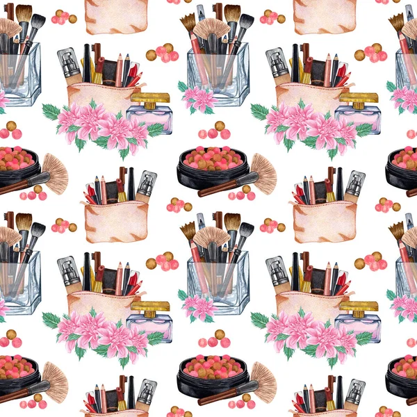 Watercolor make up seamless pattern.Hand drawn seamless cosmetics pattern with lipstick, eye shadows, powder, cosmetics texture, brushes, mascara on white — Stock Photo, Image