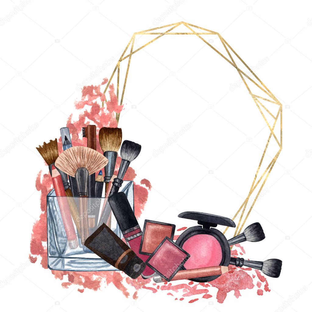 Hand drawn decorative cosmetics frame. Watercolor make up products. Beauty background. Make up clip art.
