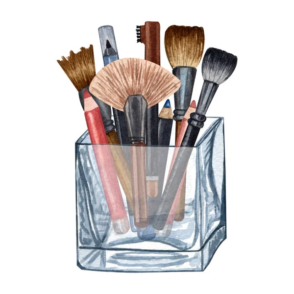 Aquarel make-up producten. Handgetekende cosmetica illustratie van penselen in een glas. — Stockfoto