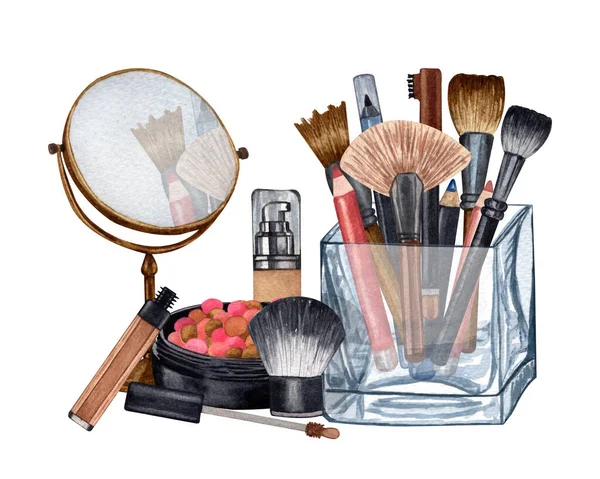 Aquarel make-up producten. Handgetekende cosmetica set van parelpoeder, borstels in een glazen houder, poeder, textuur, spiegelbeeld, mascara, lippenstift. — Stockfoto