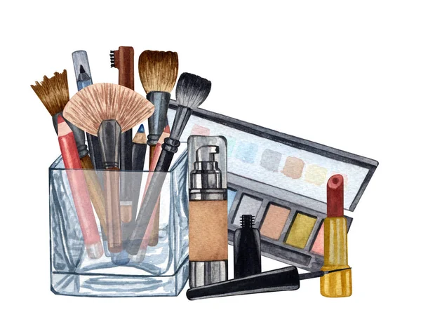 Aquarel make-up producten. Handgetekende cosmetica set van parelpoeder, penselen in een glazen houder, poeder, textuur, palet, mascara, lippenstift. — Stockfoto