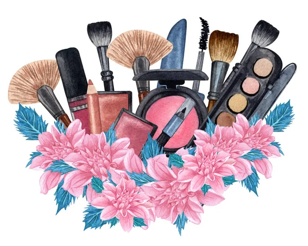 Acquerello compongono prodotti con fiori. Set di cosmetici disegnati a mano di pennelli, polvere, texture, tavolozza, mascara, rossetto. — Foto Stock