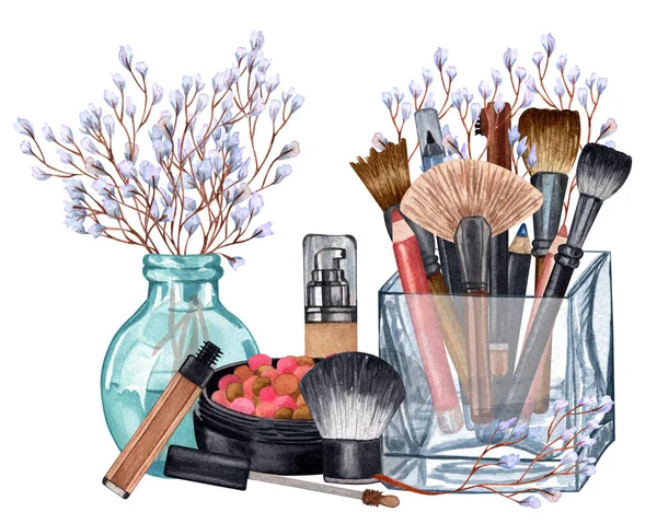 Aquarel make-up producten. Handgetekende cosmetica set van parelpoeder, penselen in een glashouder, poeder, textuur, palet, mascara, lippenstift, vaas met bloemen. — Stockfoto