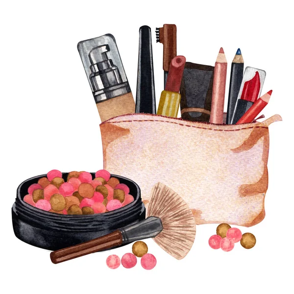 Akwarela tworzą produkty. Ręcznie rysowane kosmetyki zestaw pędzli do makijażu, szminki, ołówki w torebce kosmetycznej i perły proszkowe na białym tle. — Zdjęcie stockowe