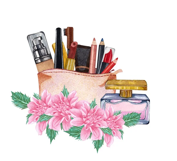 Watercolor make up products. Hand drawn cosmetics set of make up brushes, lipstick, pencils in a cosmetics bag, toilet water and pink flowers on white background. — Stock Photo, Image