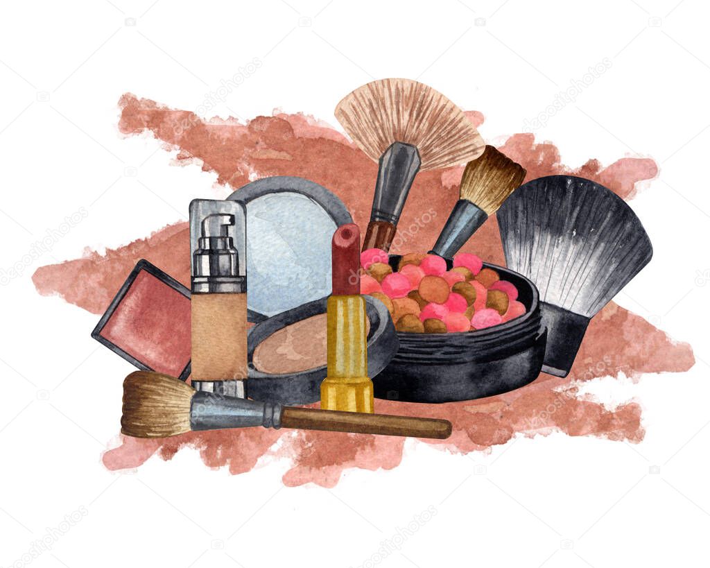 Watercolor make up products. Hand drawn cosmetics set of pearl powder, brush, powder.