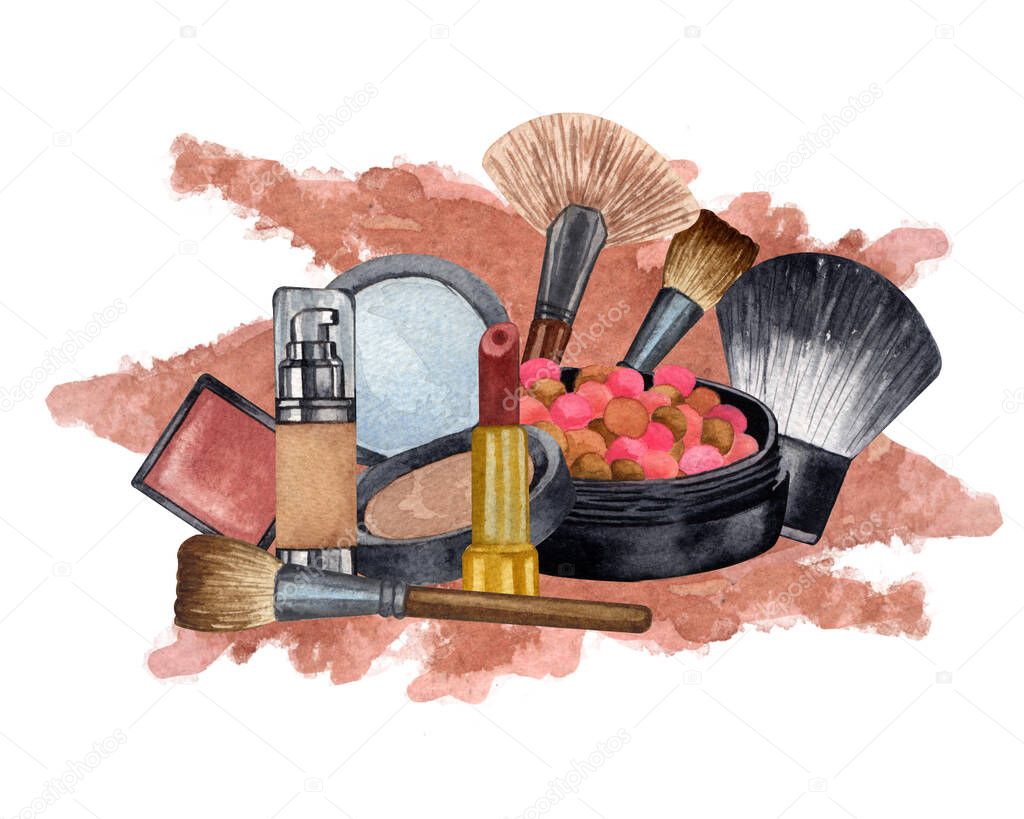 Watercolor make up products. Hand drawn cosmetics set of pearl powder, brush, powder, texture.