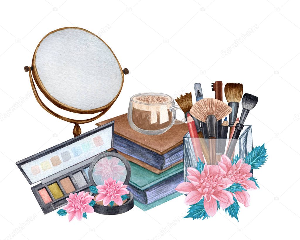 Watercolor make up products. Hand drawn cosmetics set of pearl powder, brushes in a glass holder, powder, texture, palette, mascara, lip stick, pink flowers