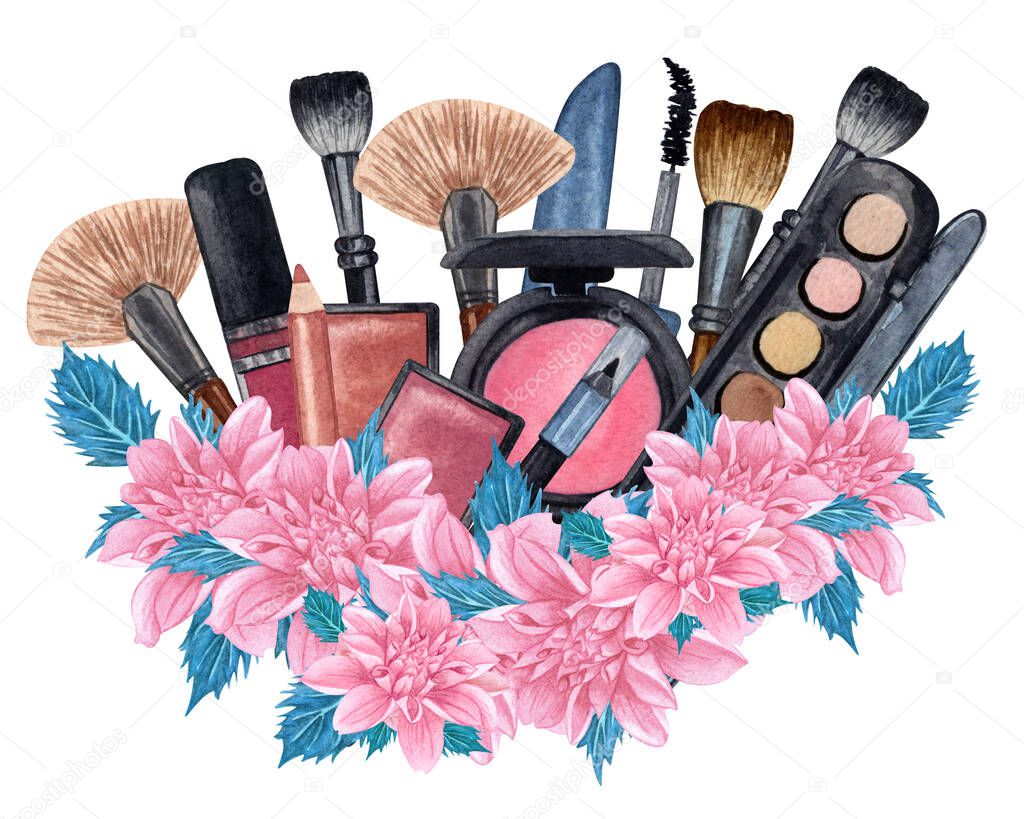 Watercolor make up products with flowers . Hand drawn cosmetics set of brushes, powder, texture, palette, mascara, lip stick