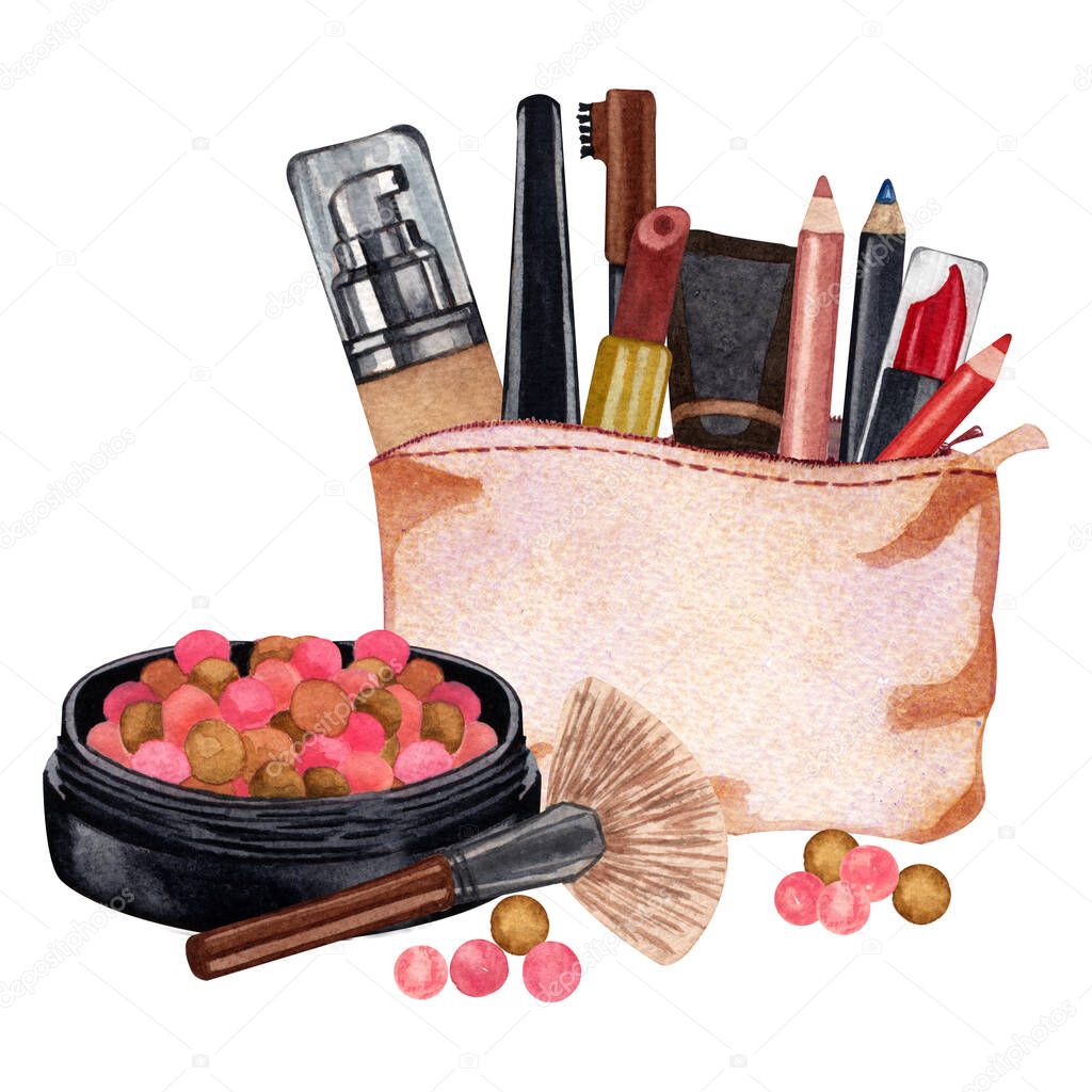 Watercolor make up products. Hand drawn cosmetics set of make up brushes, lipstick, pencils in a cosmetics bag and powder pearls on white background. Make up clip art.