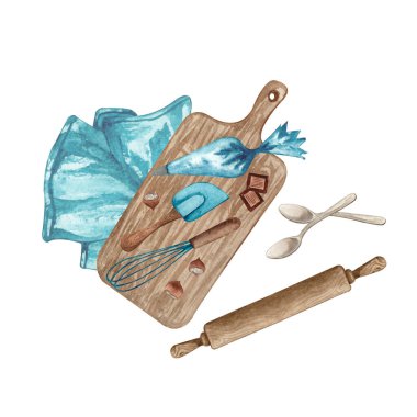 Mutfak aletleriyle suluboya resimleme, doğrama tahtası, kaşık, merdane, çikolata, çırpma, beyaz arka planda fındık. Üst Manzara. Elle çizilmiş yemek pişirme klibi sanatı. Pişirme kavramı. 