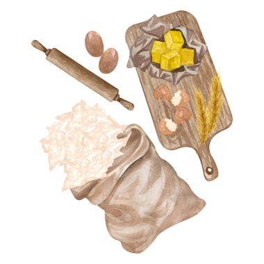 Mutfak aletleriyle suluboya resimleme, doğrama tahtası, tereyağı, merdane, un, beyaz arka planda yumurta. Üst Manzara. Elle çizilmiş yemek pişirme klibi sanatı. Pişirme kavramı. 