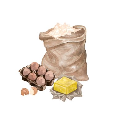 Mutfak gereçleri, tereyağı, un torbası ve beyaz arka planda yumurtalarla suluboya resimleme. Üst Manzara. Elle çizilmiş yemek pişirme klibi sanatı. Pişirme kavramı. 