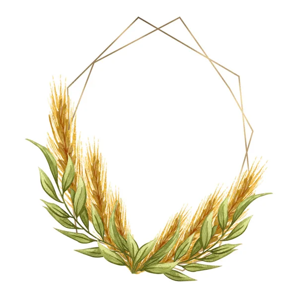 Zlatý Rám Květinovým Uspořádáním Pšenice Bílém Pozadí Logo Pečení — Stock fotografie