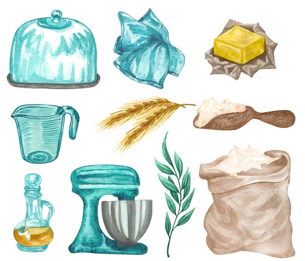Pečení Akvarel Set Kuchyňským Nádobím Pšenice Máslo Vanilkový Extrakt Mixér — Stock fotografie
