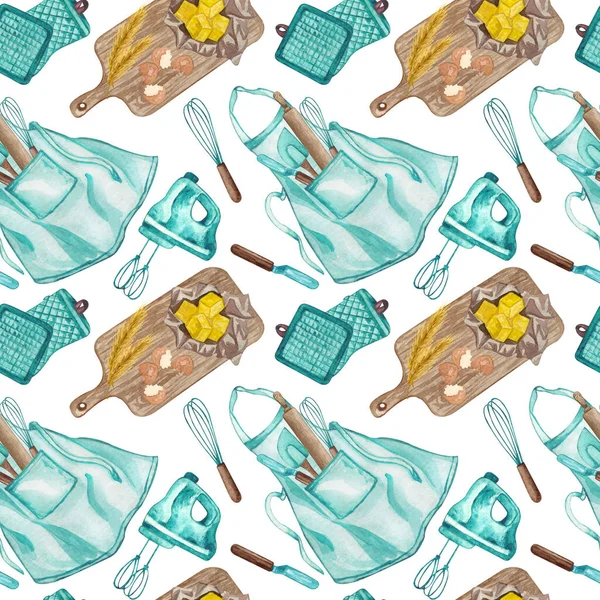 Baking Watercolor Seamless Pattern Kitchen Utensils White Background Hand Drawn — Stock Photo, Image