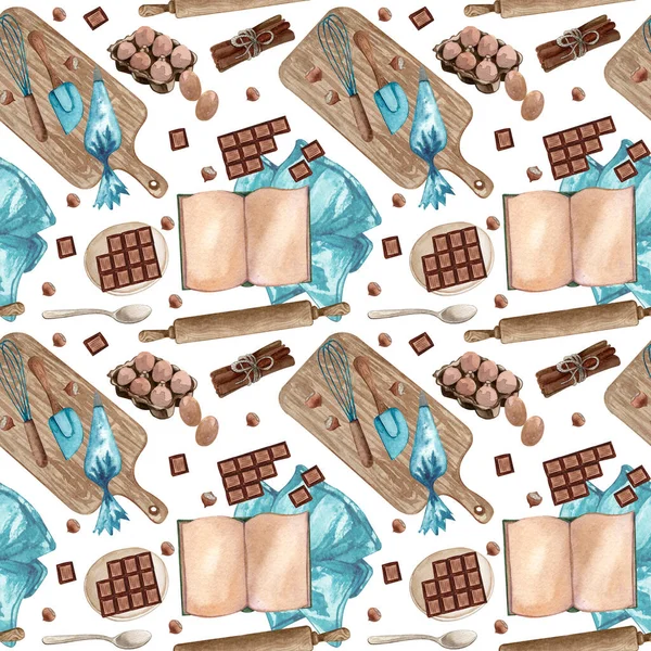 Baking Watercolor Seamless Pattern Kitchen Utensils White Background Hand Drawn — Stock Photo, Image